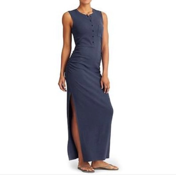 Athleta Dresses & Skirts - Athleta Navy Blue Ribbed Henley Ruched Maxi Dress